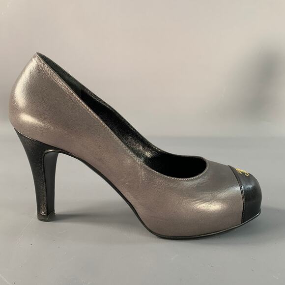 CHANEL Size 6 Grey Black Leather Cap Toe Pumps - Picture 2 of 8